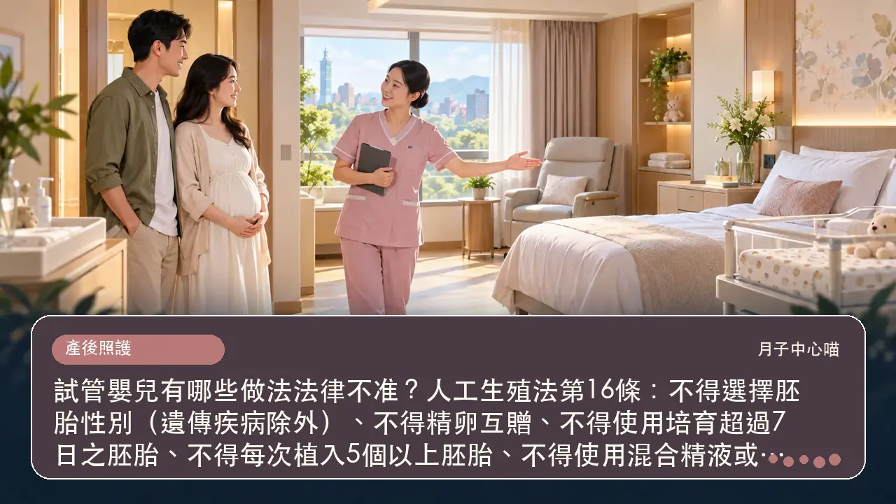 試管嬰兒有哪些做法法律不准？人工生殖法第16條：不得選擇胚胎性別（遺傳疾病除外）、不得精卵互贈、不得使用培育超過7日之胚胎、不得每次植入5個以上胚胎、不得使用混合精液或境外輸入之捐贈生殖細胞；補助方案另限未滿38歲植入1個主題插畫