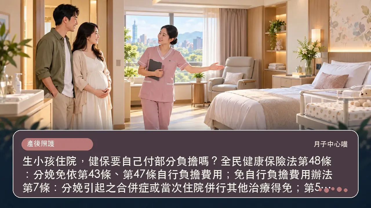 生小孩住院，健保要自己付部分負擔嗎？全民健康保險法第48條：分娩免依第43條、第47條自行負擔費用；免自行負擔費用辦法第7條：分娩引起之合併症或當次住院併行其他治療得免；第51條：病房費差額、膳食、指定醫師、證明文件不在健保給付範圍主題插畫