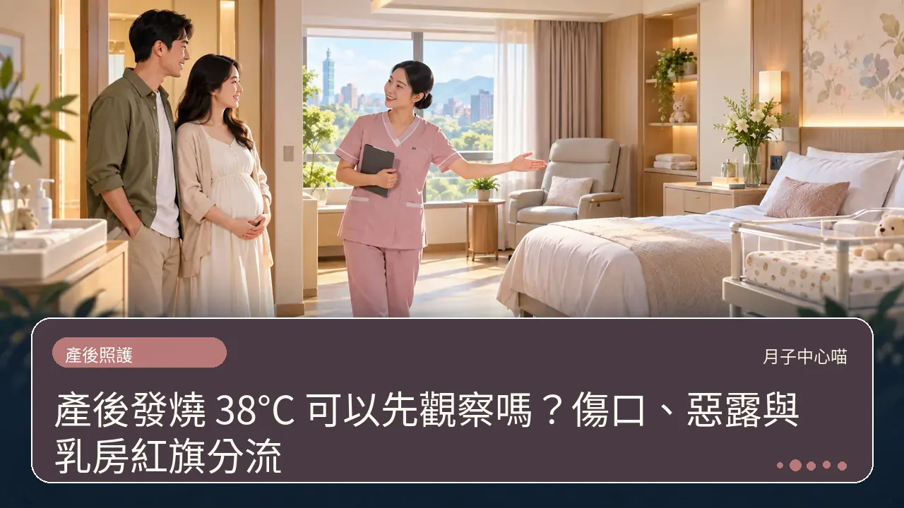 產後發燒 38°C 可以先觀察嗎?傷口、惡露與乳房紅旗分流主題插畫
