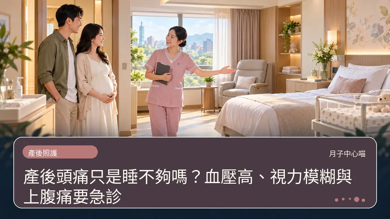 產後頭痛只是睡不夠嗎?血壓高、視力模糊與上腹痛要急診主題插畫