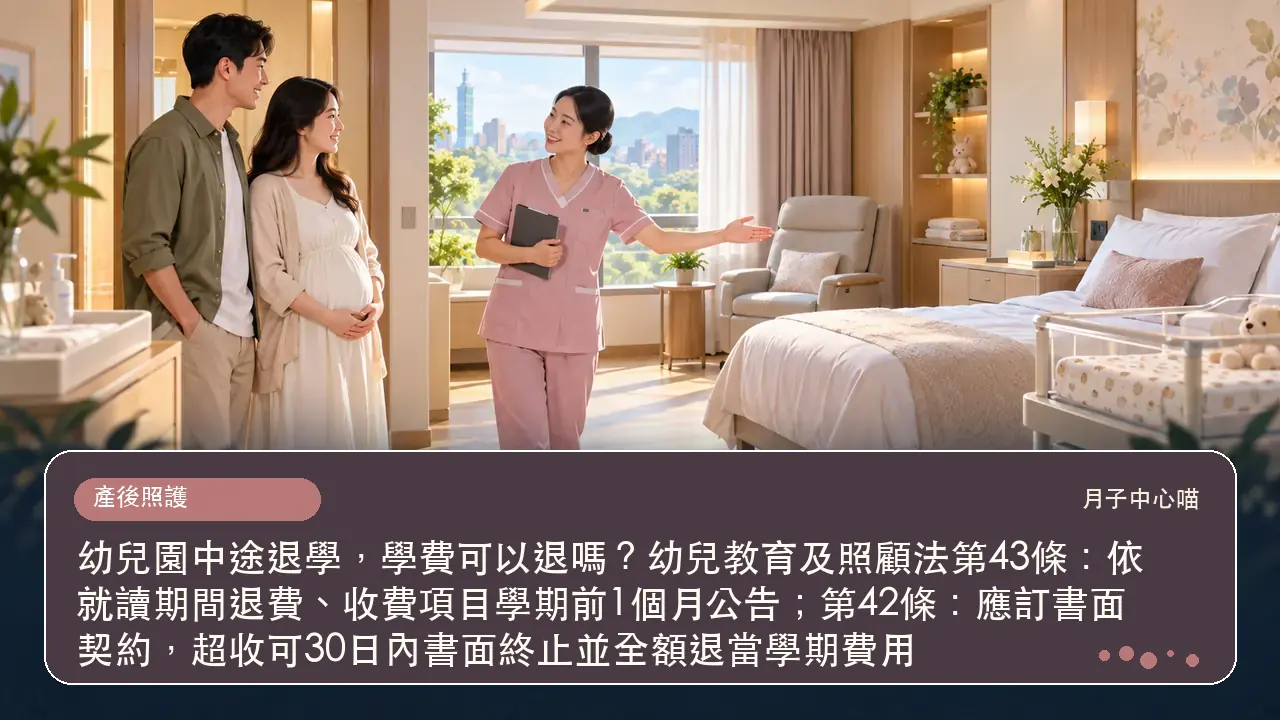 幼兒園中途退學，學費可以退嗎？幼兒教育及照顧法第43條：依就讀期間退費、收費項目學期前1個月公告；第42條：應訂書面契約，超收可30日內書面終止並全額退當學期費用主題插畫