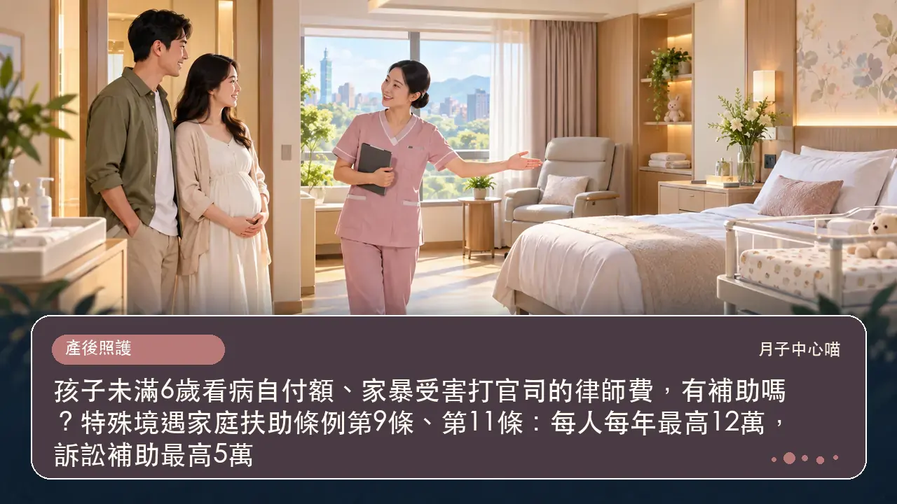 孩子未滿6歲看病自付額、家暴受害打官司的律師費，有補助嗎？特殊境遇家庭扶助條例第9條、第11條：每人每年最高12萬，訴訟補助最高5萬主題插畫