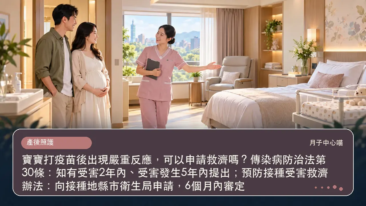 寶寶打疫苗後出現嚴重反應,可以申請救濟嗎?傳染病防治法第30條:知有受害2年內、受害發生5年內提出;預防接種受害救濟辦法:向接種地縣市衛生局申請,6個月內審定主題插畫